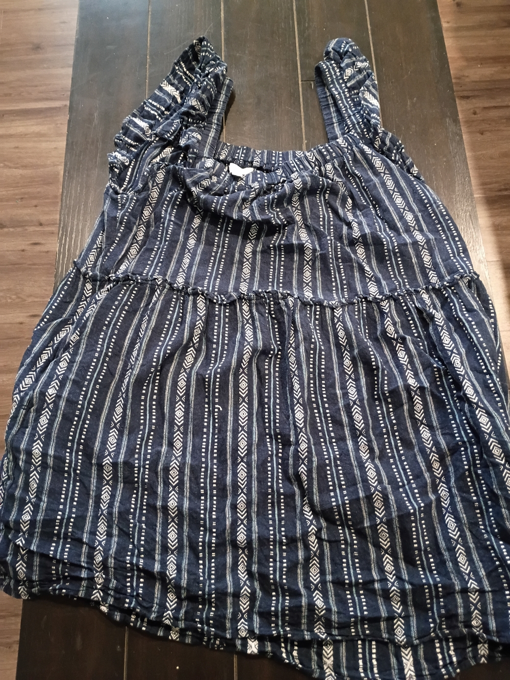 Navy Sleeveless Tiered Dress with White Aztec Stripes